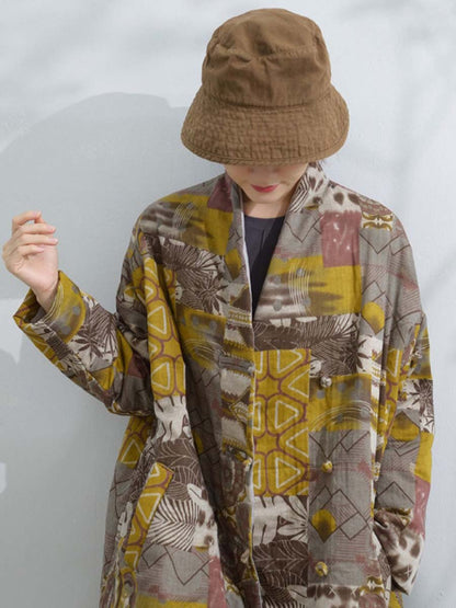 Women Winter Artsy Print Frog Loose Long Coat
