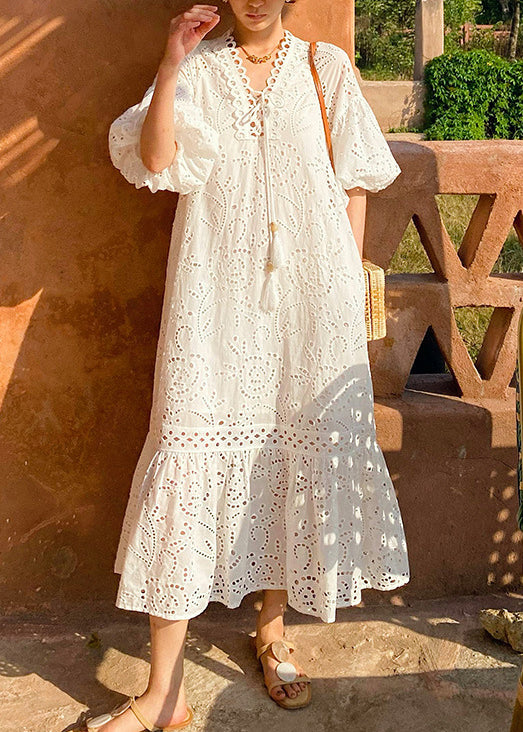 Elegant White Embroidered Hollow Out Pockets Cotton Long Dress Puff Sleeve