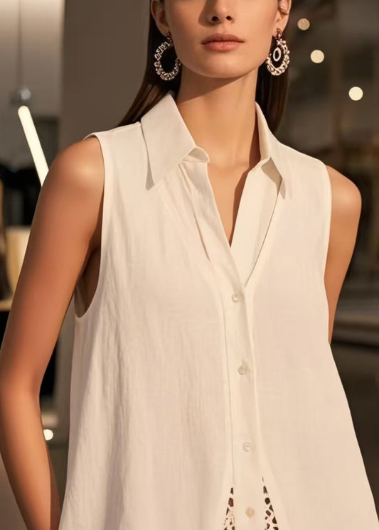 Boho White Peter Pan Collar Patchwork Lace Blouses Sleeveless