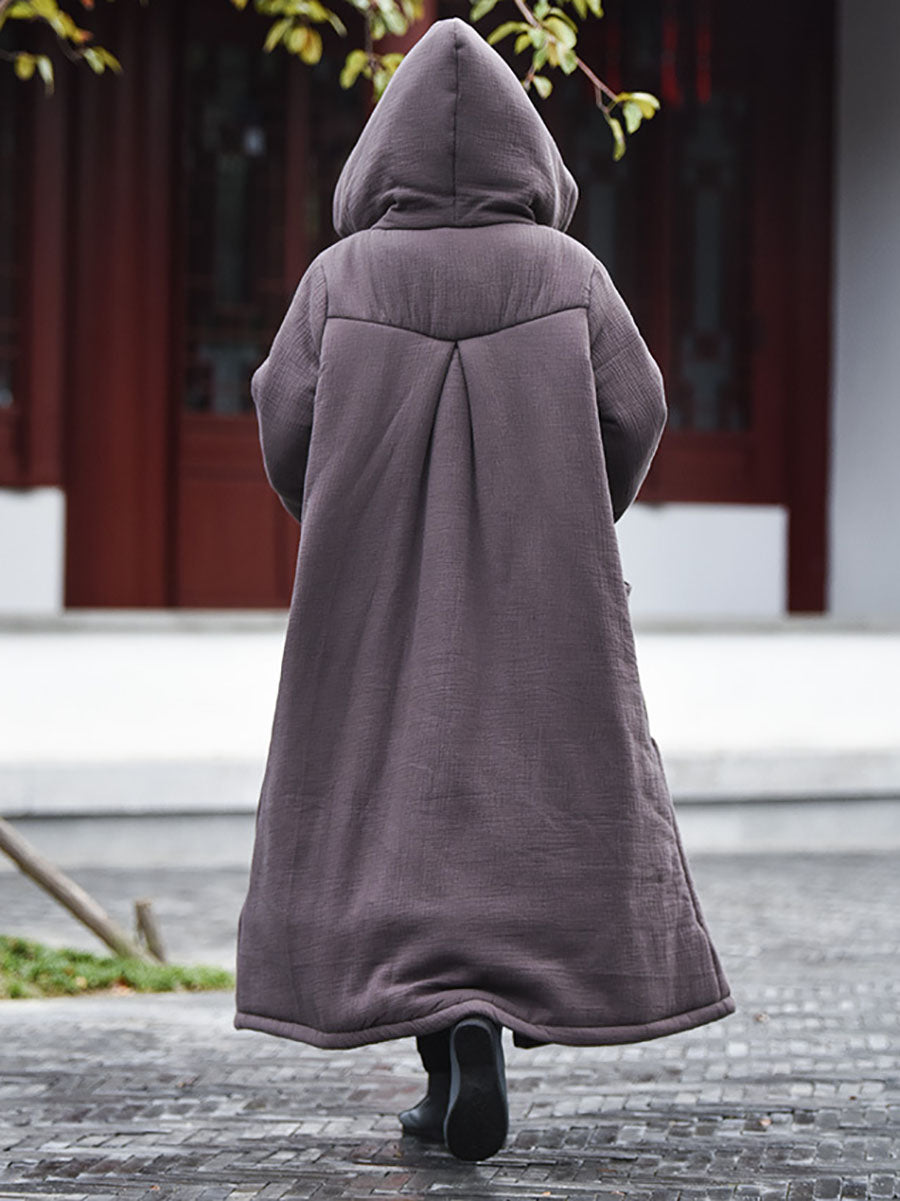 Women Winter Vintage Solid Frog Pocket Hooded Long Coat