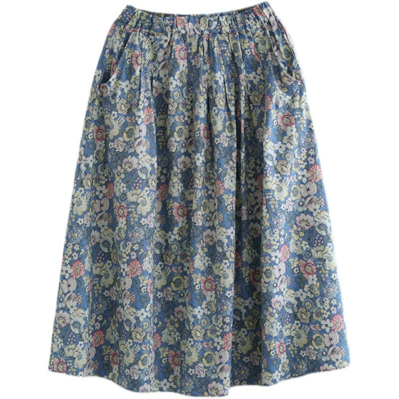 Literary Pleated Elastic Waist Floral A-Line Skirt