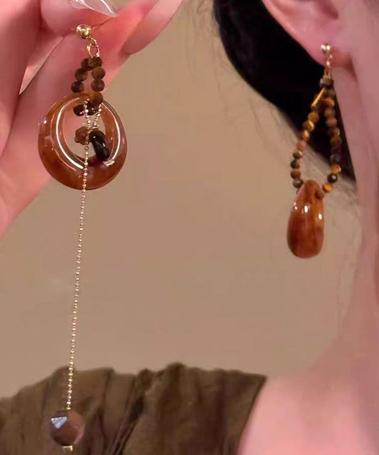 Vintage Brown Copper Overgild Asymmetrical Tiger's Eye Beading Tassel Drop Earrings