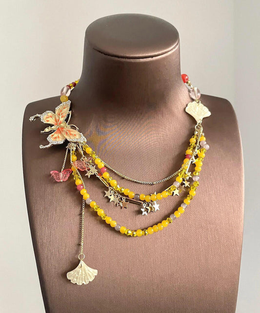 Beautiful Yellow Alloy Zircon Beading Butterfly Star Pendant Necklace