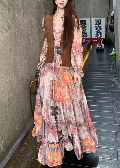 Elegant Brown Faux Suede Waistcoat And Ruffled Dress Two-Piece Set Spring