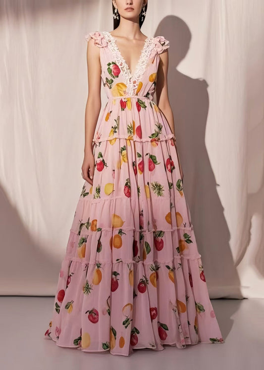 Organic Pink Fruit Print Exra Large Hem Chiffon Maxi Dresses Summer