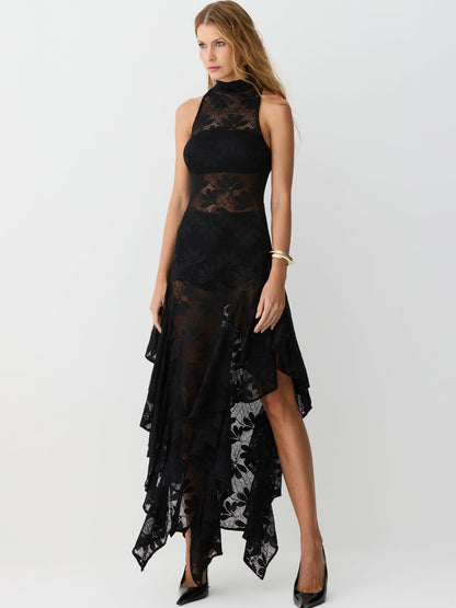 Black Lace Sheer High Neck Sleeveless Asymmetric Hem Midi Dress