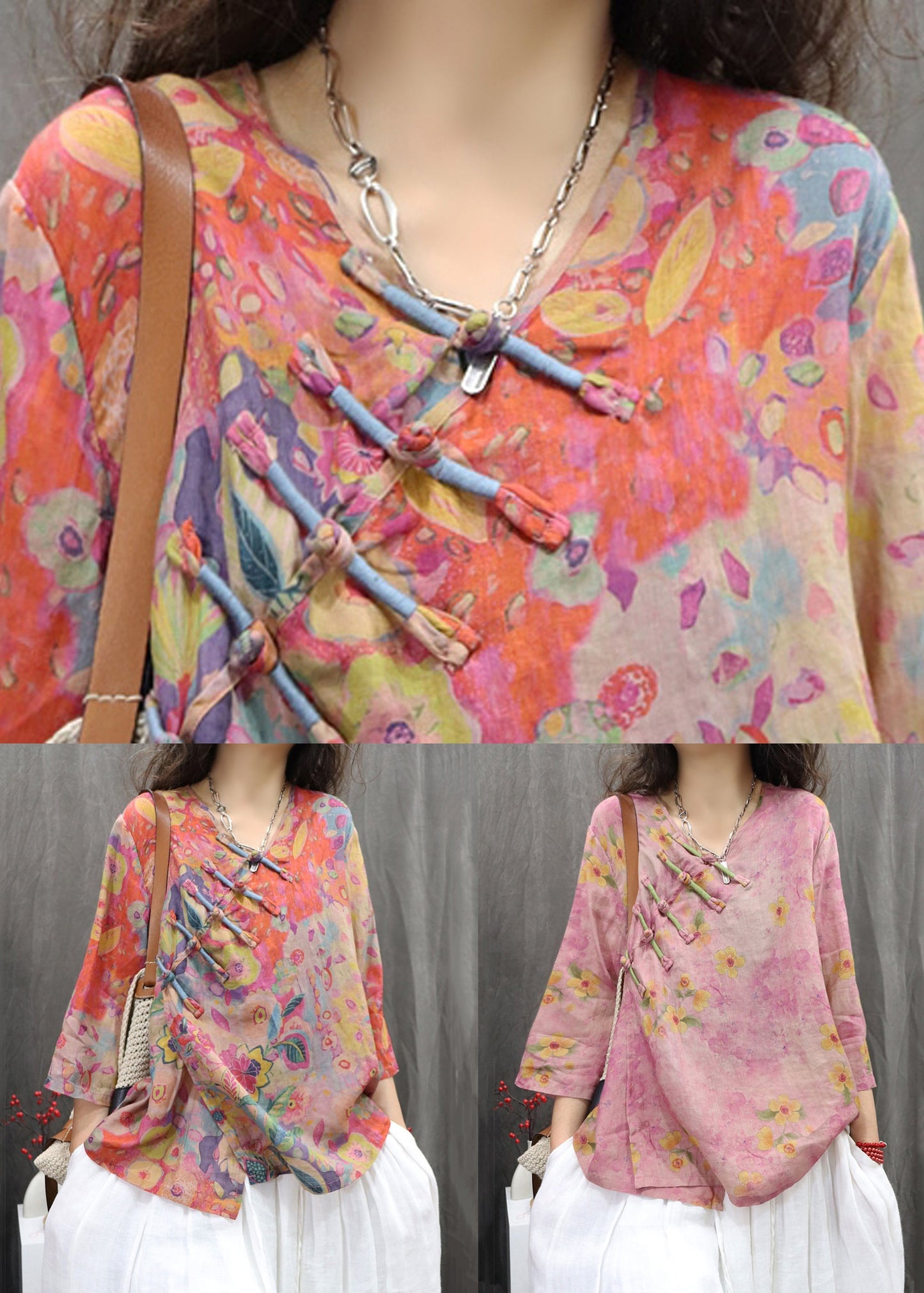 Vintage Purple V Neck Chinese Button Linen Shirt Spring