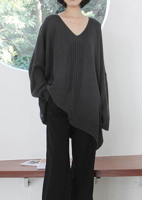Vintage dark gray knitted blouse fall fashion v neck Batwing Sleeve knitted clothes