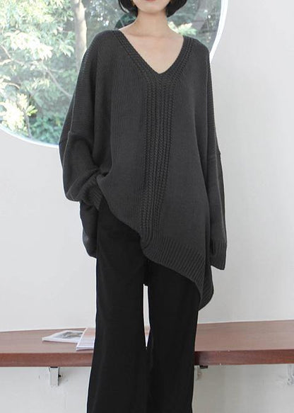 Vintage dark gray knitted blouse fall fashion v neck Batwing Sleeve knitted clothes