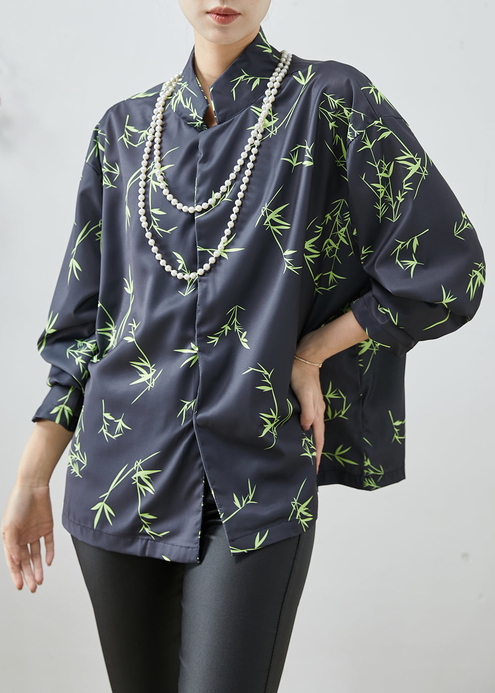 Vintage Black Oversized Bamboo Leaf Print Silk Shirt Spring