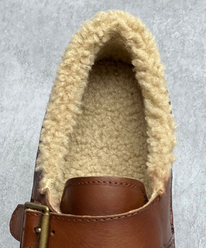 Coffee Flat Shoes For Women Cowhide Leather Casual Fuzzy Wool Lined Flat Shoes For Women