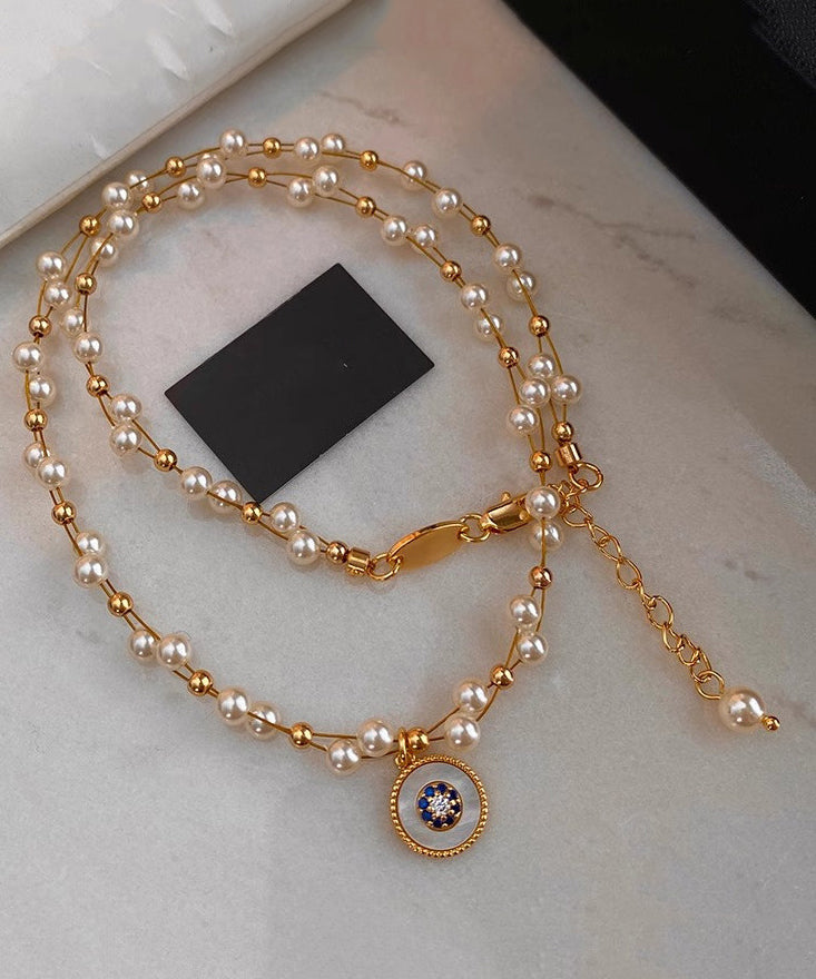 Elegant Pearl Double Layered Gilded Circle Pendant Necklace