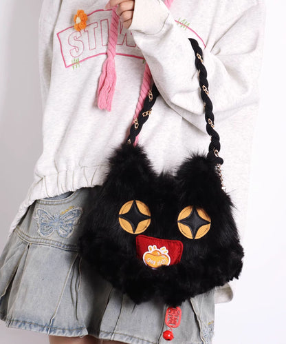 Cute Black Cat Shaped Fuzzy Fur Fluffy Shoulder Bags