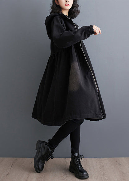Women Black Peter Pan Collar Zippered Denim Long Trench Coats Fall