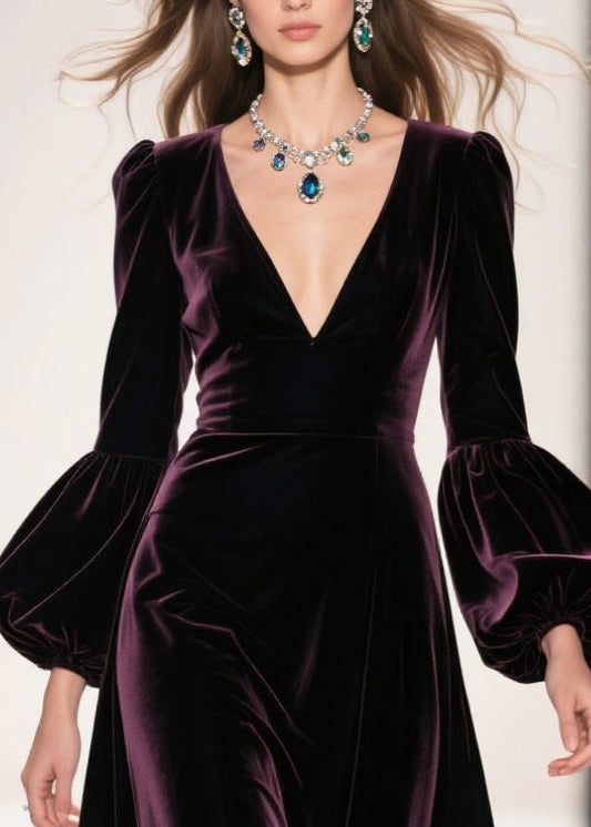 Dull Purple Patchwork Silk Velvet Maxi Dresses Deep-V Neck Lantern Sleeve