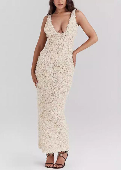 Bohemian White V Neck Side Open Ankle Dress Sleeveless
