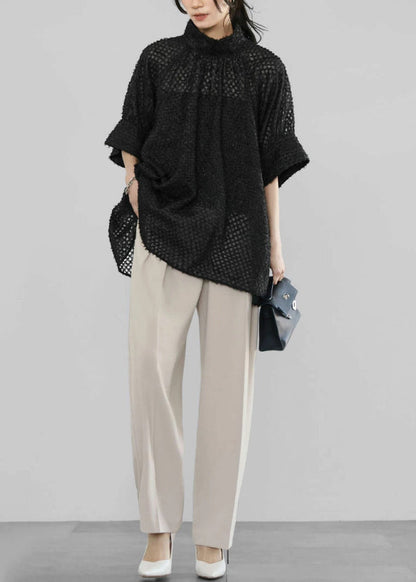 Handmade Black Stand Collar Tulle Sheer Shirt Half Sleeve