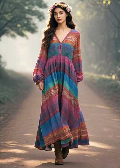 Vintage Multicolour Oversized Print Cotton Long Dresses Spring