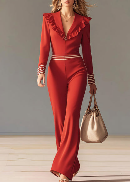 Boho Red Ruffled Patchwork Chiffon Overalls Jumpsuit Spring