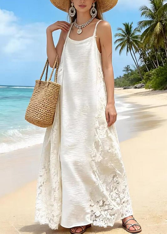 Fine Apricot Lace Patchwork Cotton Spaghetti Strap Dress Summer