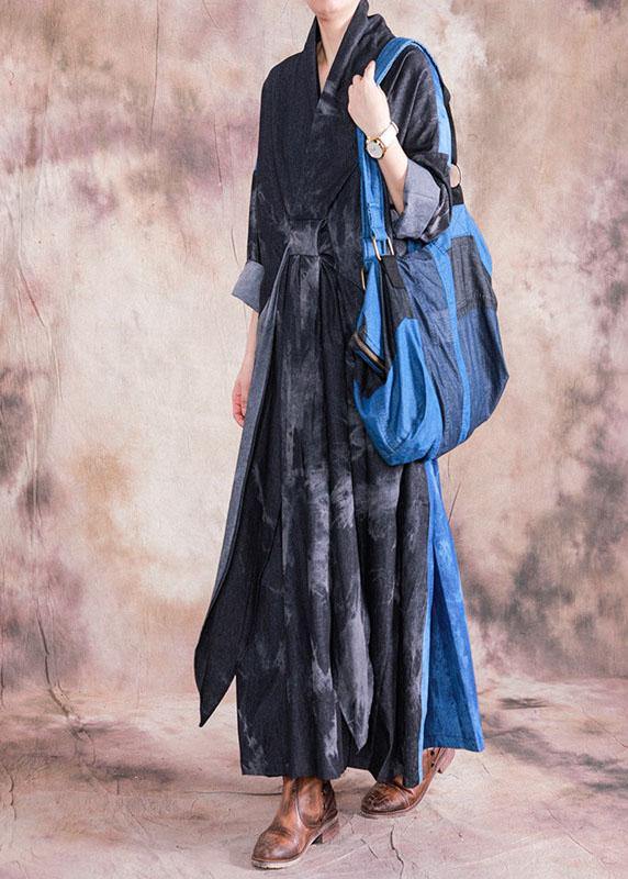 Modern denim black cotton dress v neck patchwork loose fall Dress