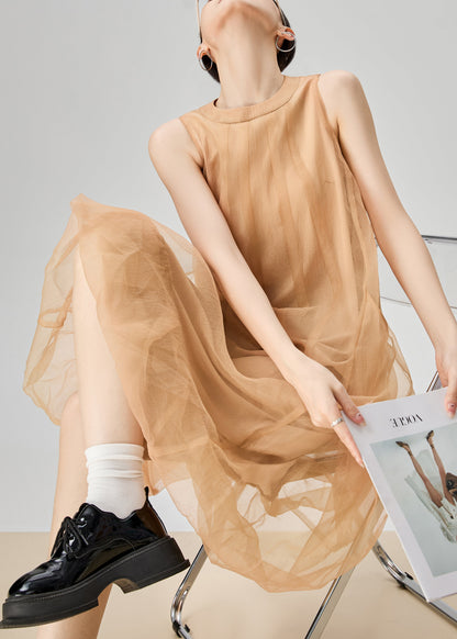 Elegant Orange O Neck Zippered Pockets Tulle Long Dress Sleeveless