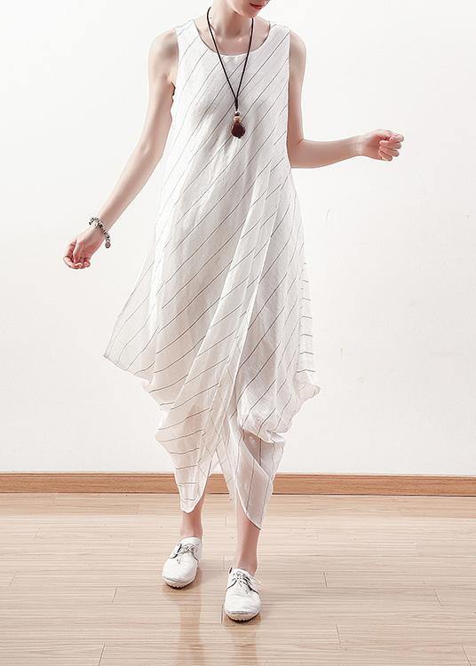 DIY asymmetric linen dresses Work white striped Dress summer