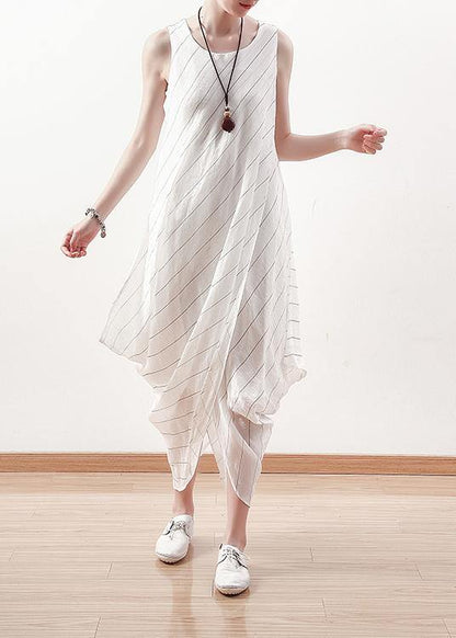 DIY asymmetric linen dresses Work white striped Dress summer