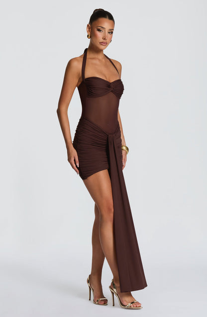 Halter Neck Open-Back Mesh Paneled Ruched Slim-Fit Mini Dress