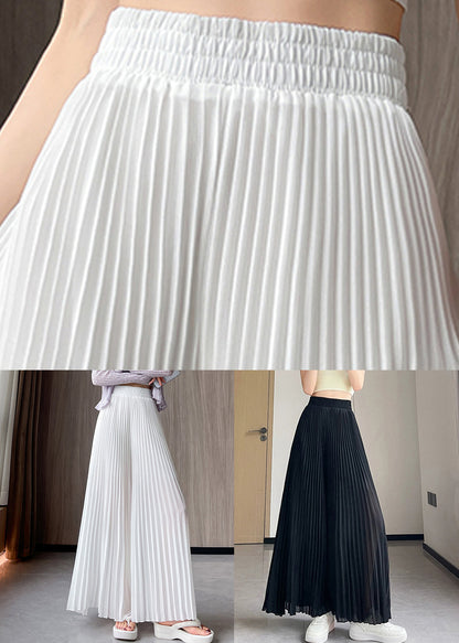 Black Solid Chiffon Summer Wide Leg Pants Elastic Waist
