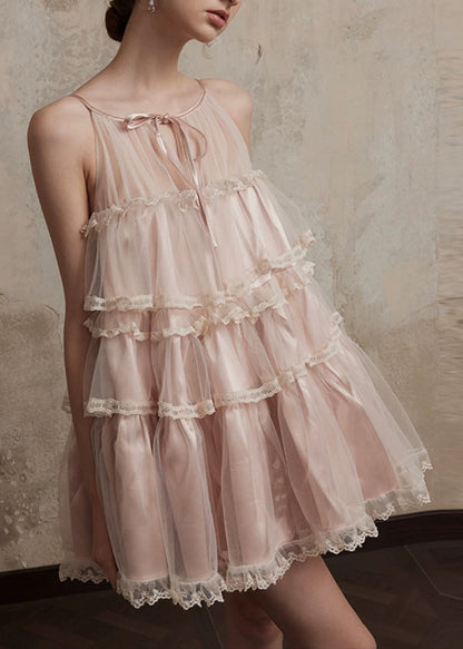 Style Pink O-Neck Ruffled Lace Patchwork Tulle Mid Dress Summer