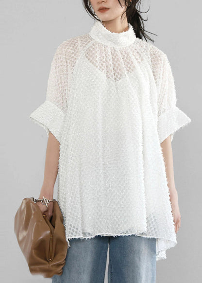 White Hollow Out Tulle A Line Tops Stand Collar Summer