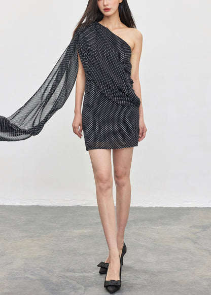 French Black Asymmetrical Dot Tops And Skirts Chiffon Two Pieces Set Summer