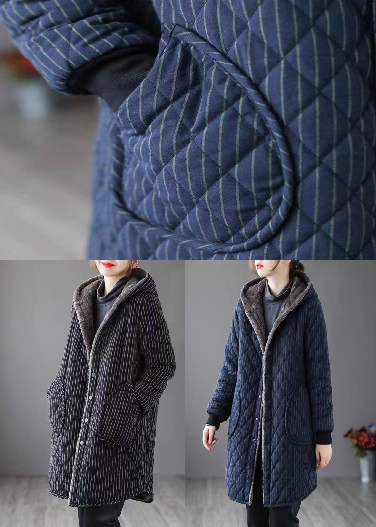 Black Striped Warm Fleece Womens Parka Hooded Winter
