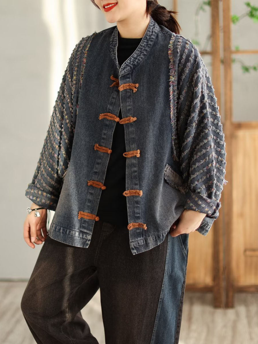 Women Spring Casual Patchwork Frog Burrs Denim Coat