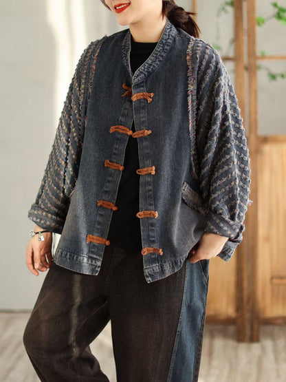 Women Spring Casual Patchwork Frog Burrs Denim Coat