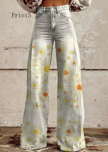 Loose Floral Print High Waist Pockets Denim Pants Spring