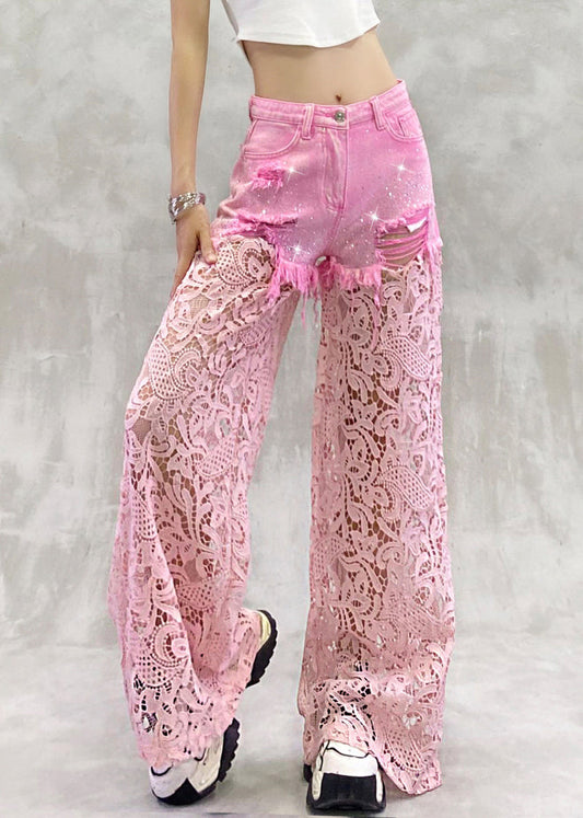 Chic Pink Hollow Out Zircon Lace Patchwork Pants Summer