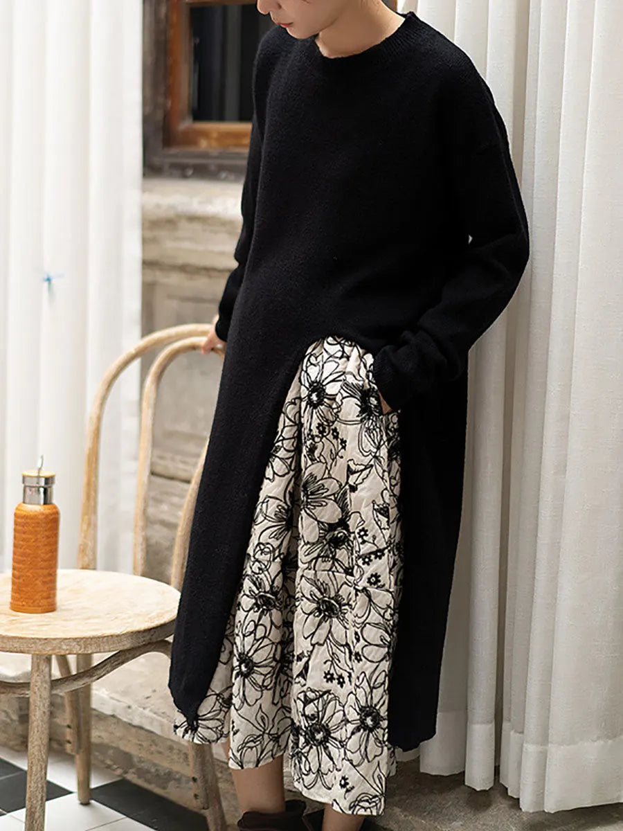 Women Winter Artsy Split Hem Solid Long Sweater Dress