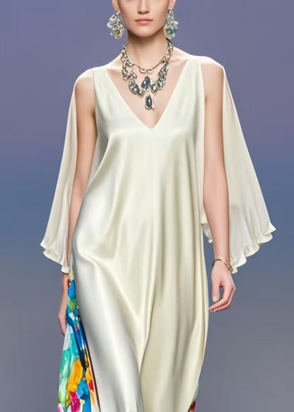Fashion Milk White V Neck Patchwork Silk Vacation Dresses Cloak Sleeves