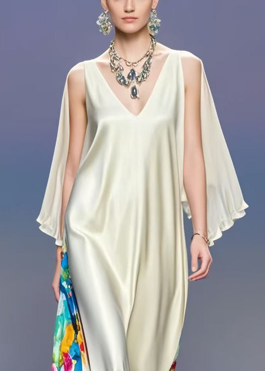Fashion Milk White V Neck Patchwork Silk Vacation Dresses Cloak Sleeves