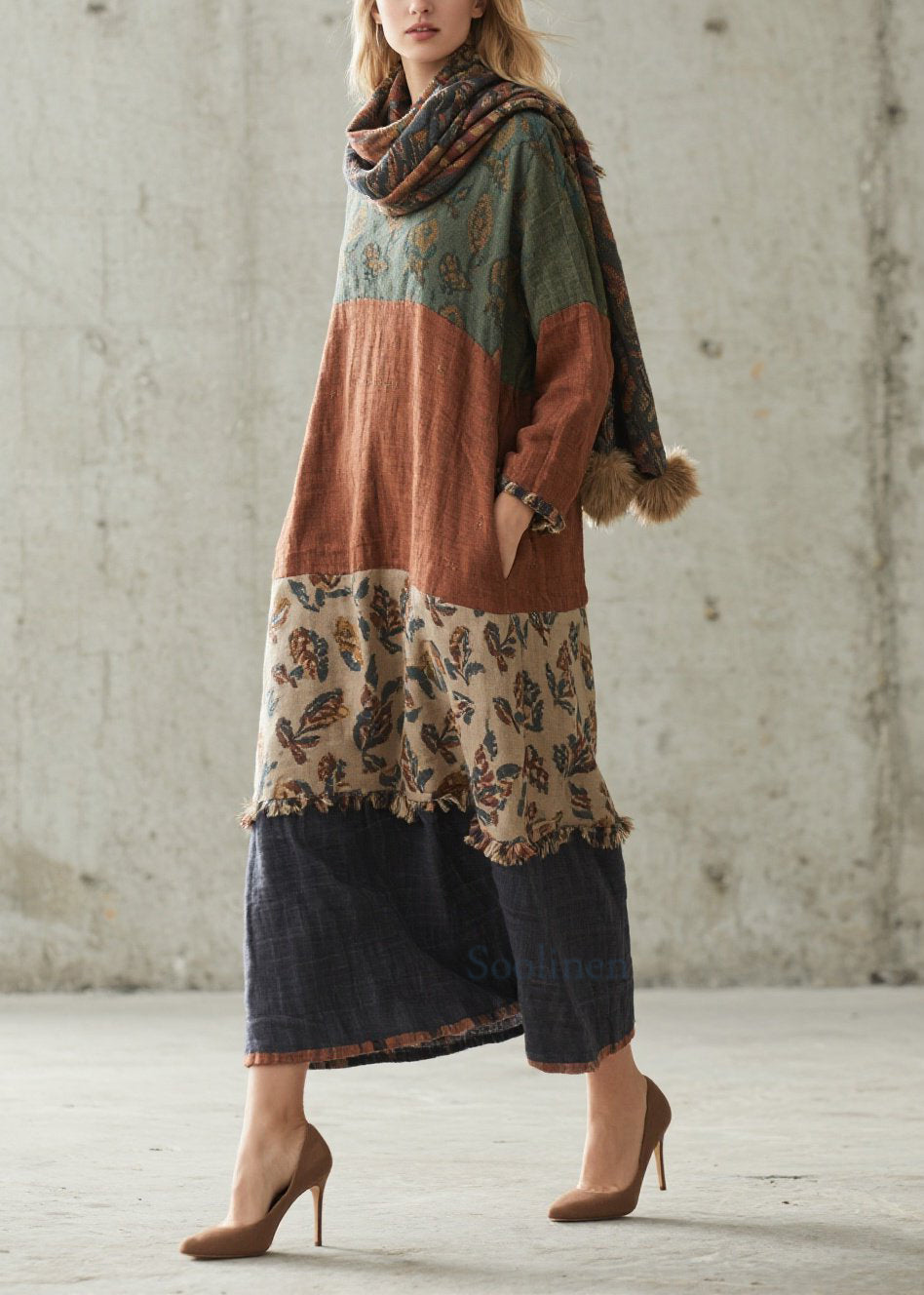 Plus Size Colorblock Print Patchwork Cotton Dresses Fall