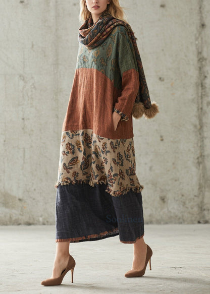 Plus Size Colorblock Print Patchwork Cotton Dresses Fall