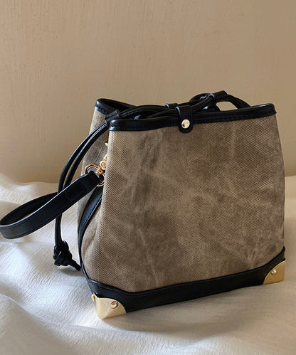 Women Black Faux Leather Drawstring Bucket Bag