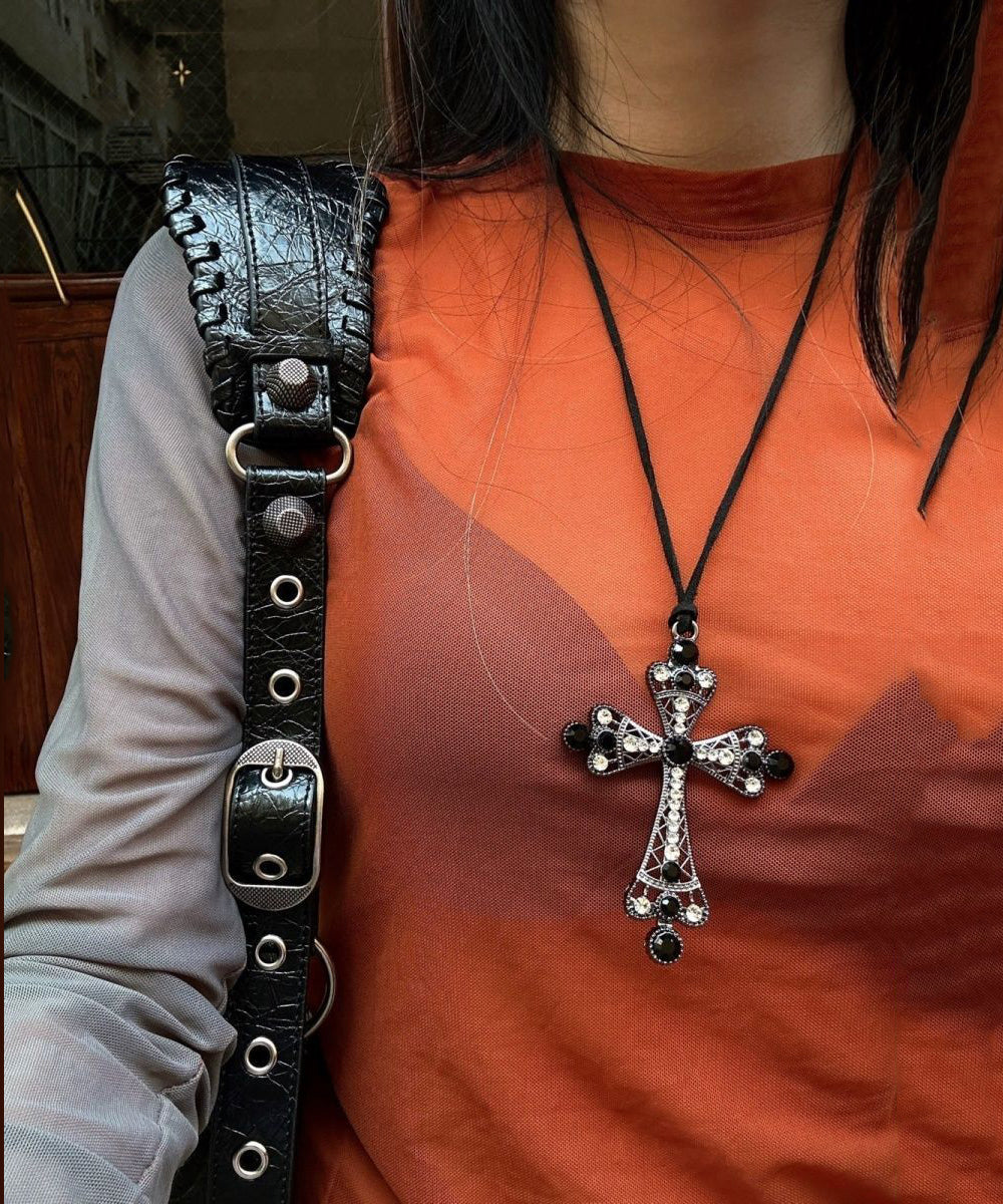 Fine Black Weave Metal Zircon Cross Pendant Necklace