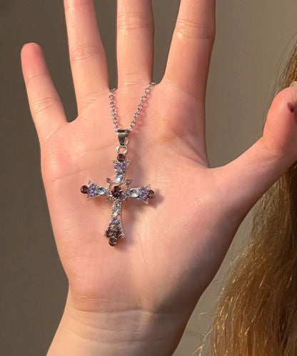 Beautiful Purple Alloy Zircon Cross Lariat Necklace