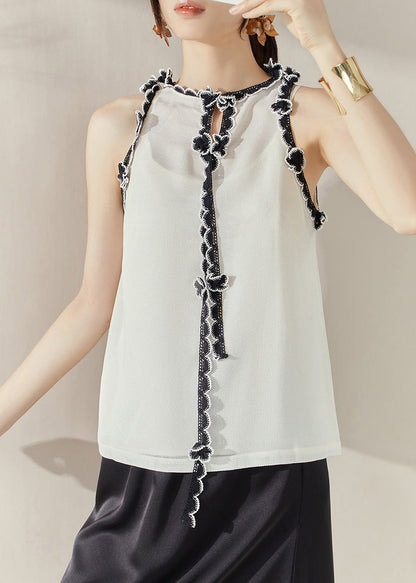Chic White Floral Ruffled Patchwork Tops Sleeveless