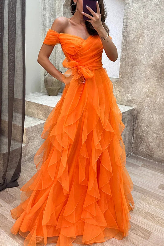 Pretty First Impression Tulle Off Shoulder Tiered Ruffle Evening Maxi Dress Yellow