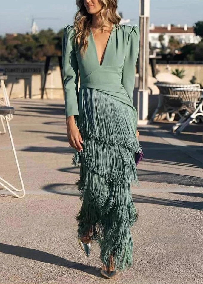 Bohemian Green V Neck Tassel Patchwork Cotton Dress Spring