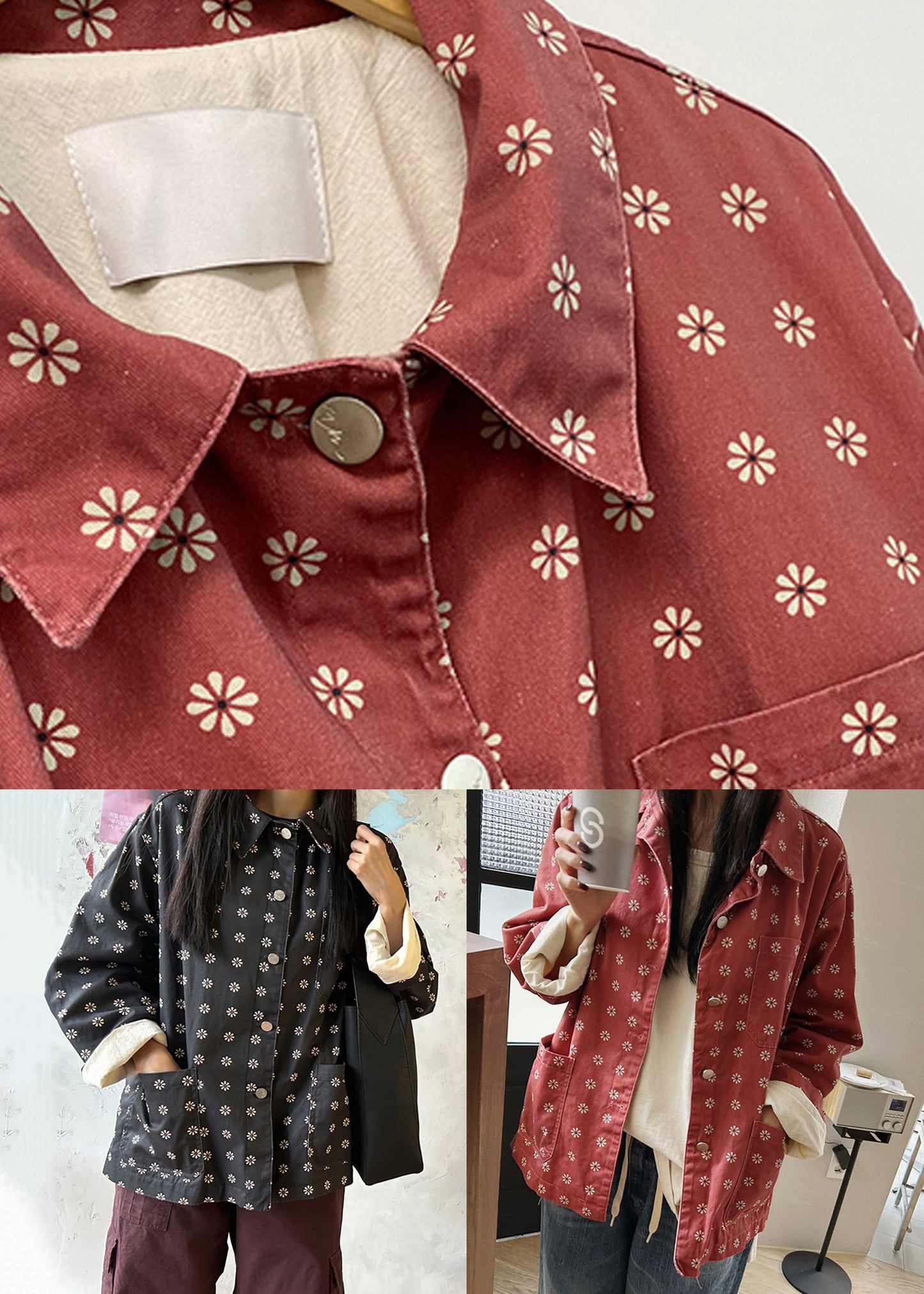 Vintage Black Print Pockets Cotton Coat Outwear Fall